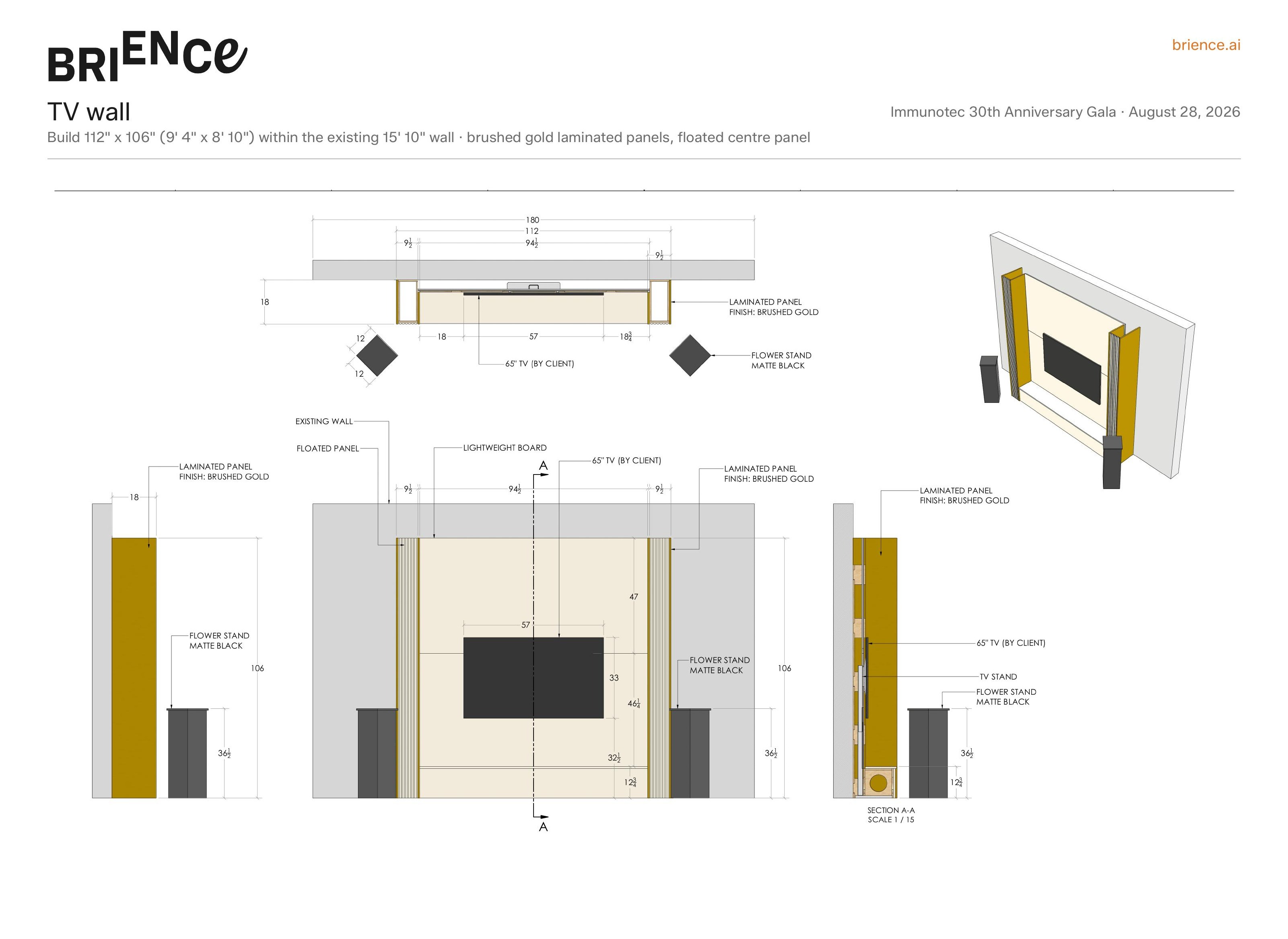 TV wall shop drawing: plan, elevation and section, with the floated centre panel and brushed gold returns dimensioned for the build.