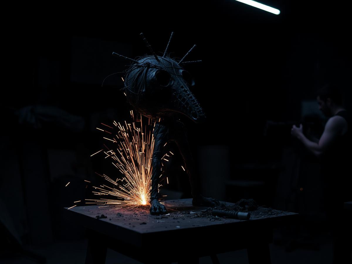 Experimental sculpture being fabricated with sparks in the Brience workshop