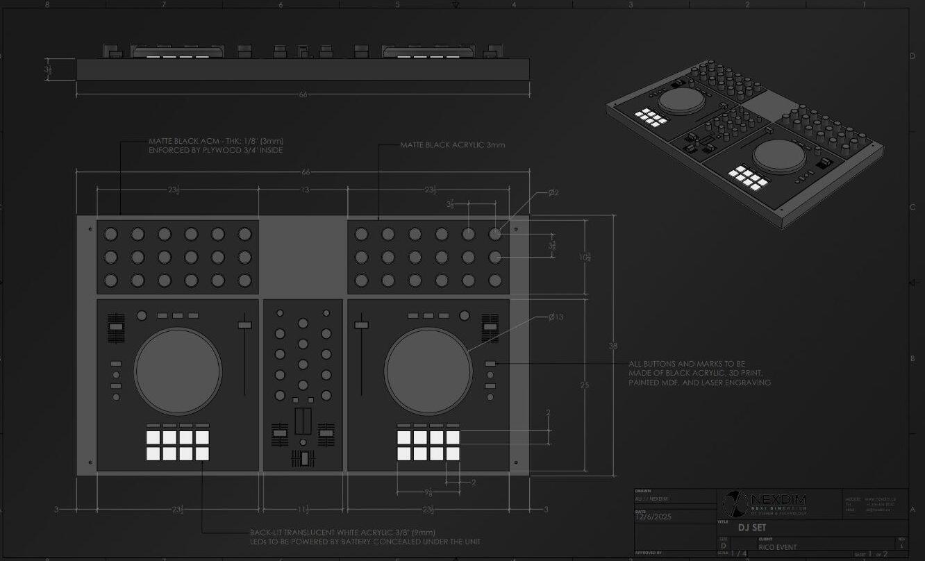 Technical blueprint: precise measurements and material specifications for the DJ console.