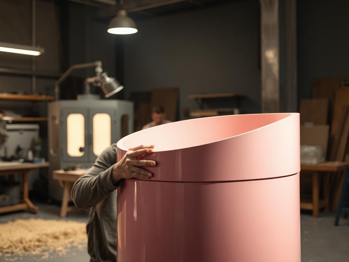 Craftsperson hand-finishing a glossy blush pink display pedestal for a beauty brand pop-up in the Brience Toronto workshop