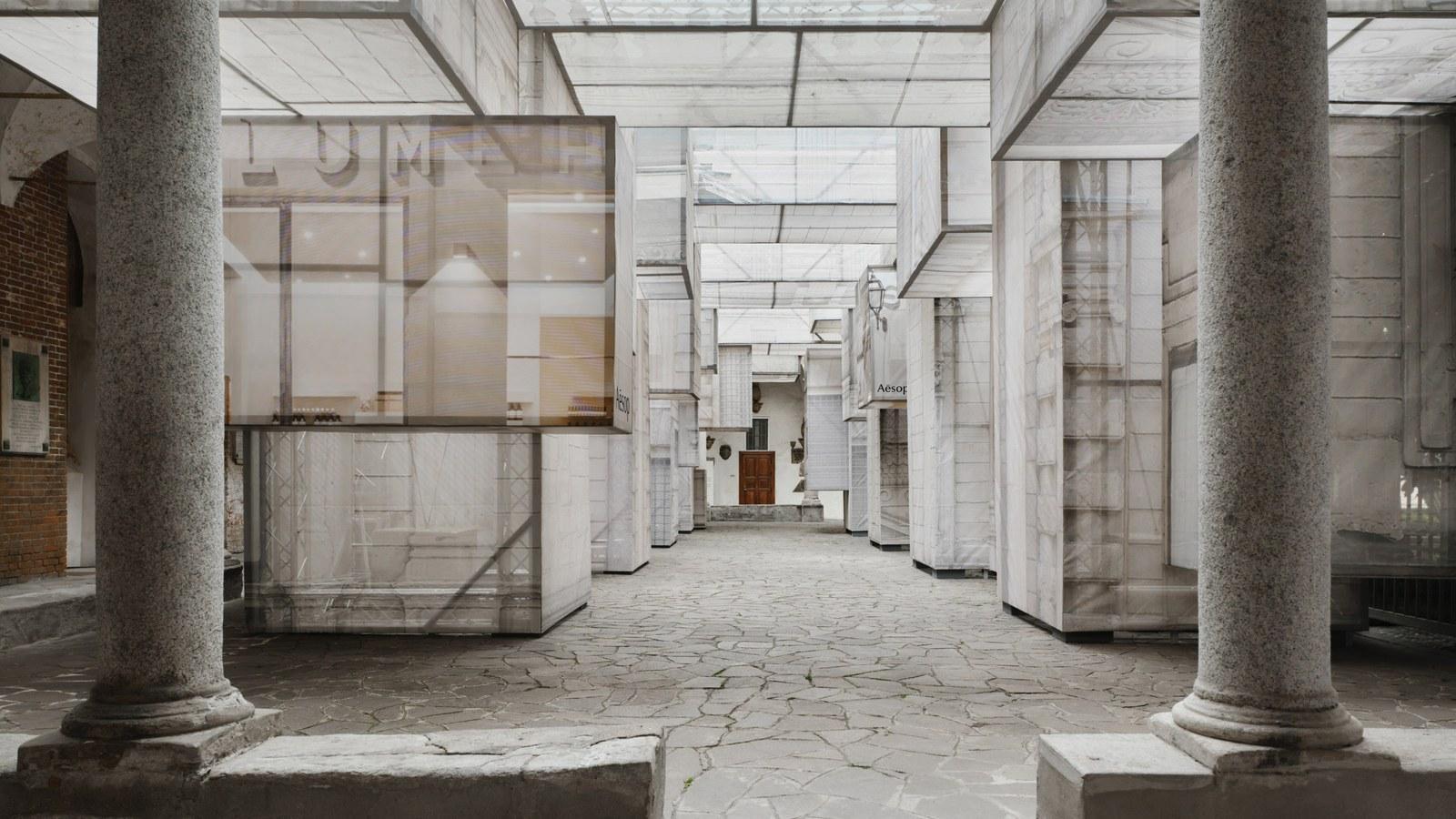 Aesop Factory of Light installation, 10,826 salvaged fragrance bottles forming an amber wave inside Santa Maria del Carmine, Milan Design Week 2026