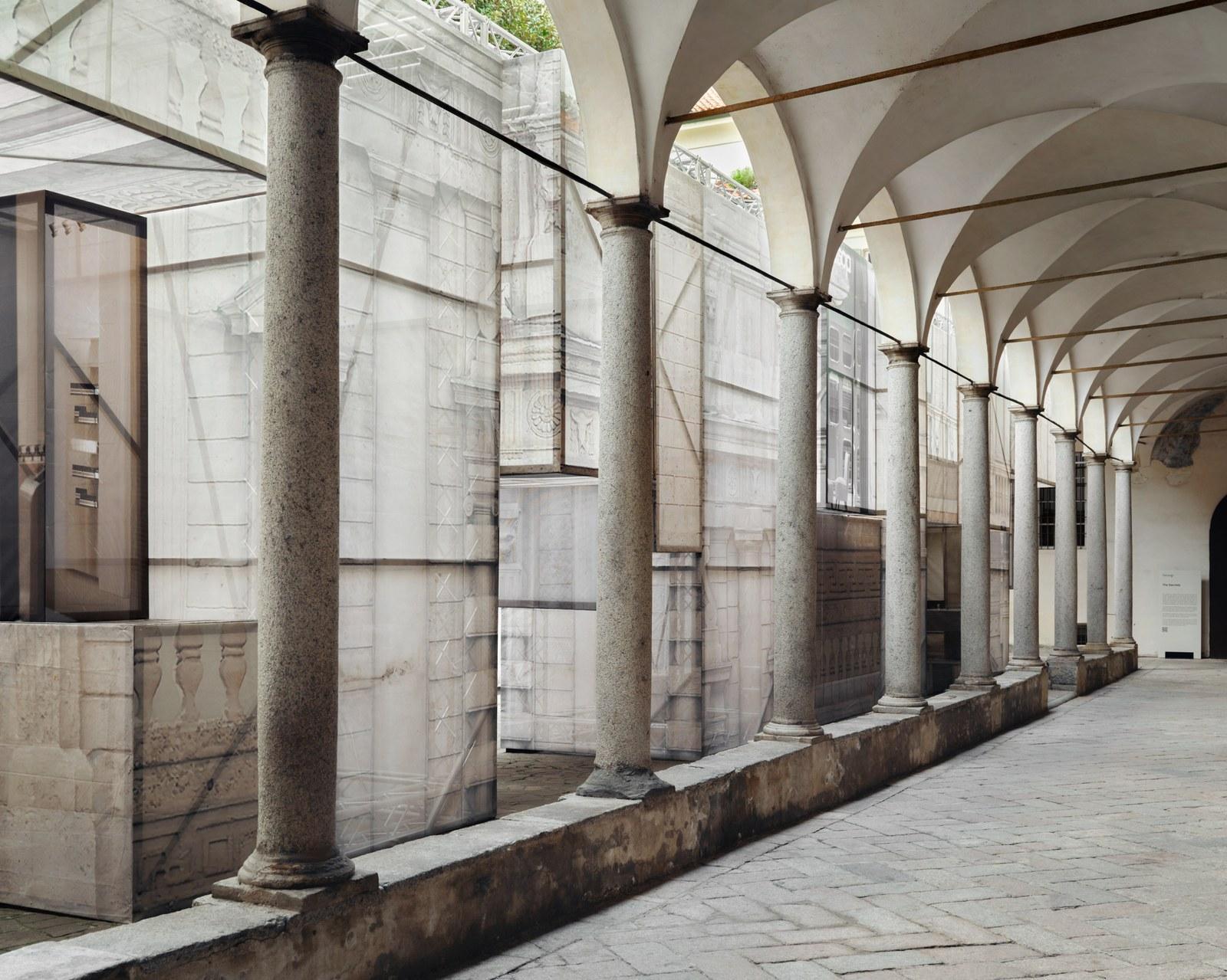 Reclaimed Milanese scaffolding and trompe-l'oeil tarpaulins forming the translucent architecture of Aesop's Factory of Light