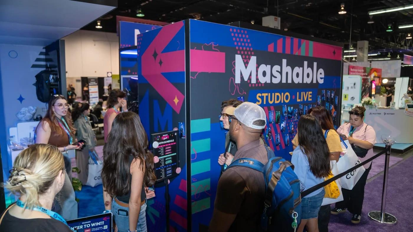 Mashable’s Studio Live: production itself as the exhibit, mid-floor, VidCon 2026 expo floor, Anaheim